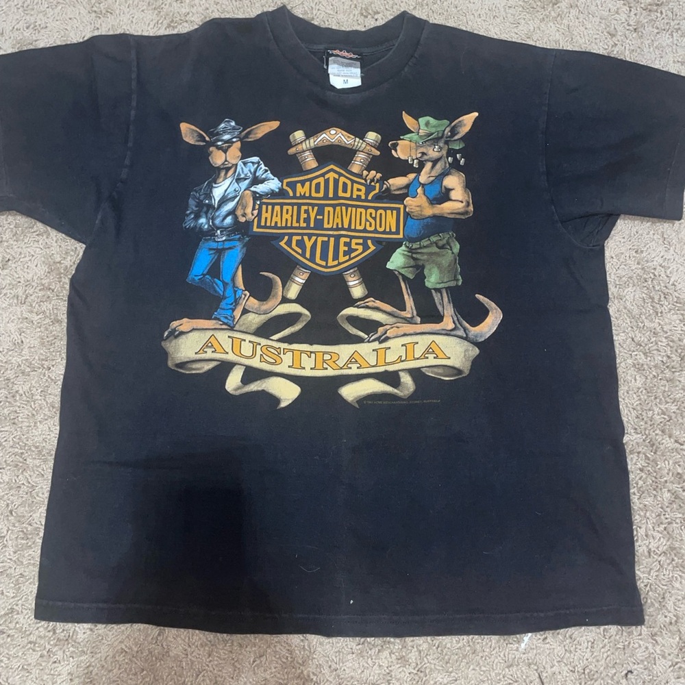 Vintage Harley-Davidson Black T-Shirt with Cartoon Kangaroo Design
